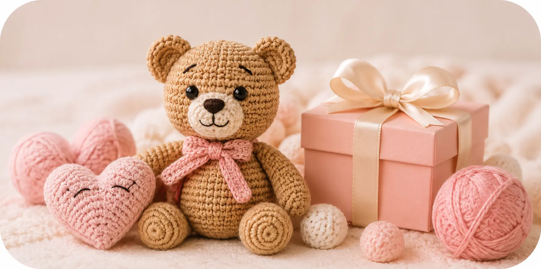 Idei de cadouri handmade pentru copii Ursuleț croșetat și cadou într-un decor cald