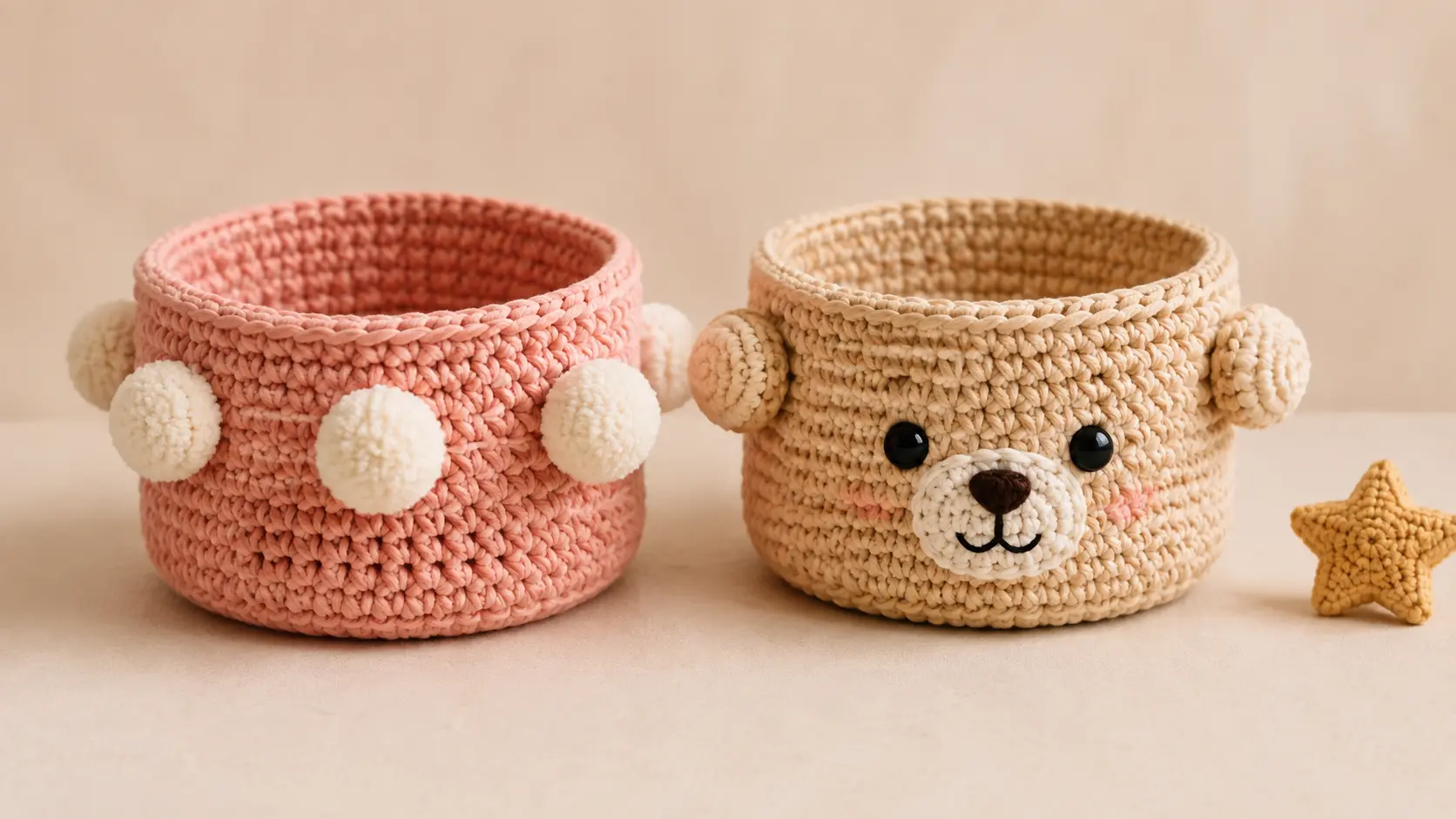 Idei de cadouri handmade pentru copii Coșulețe croșetate decorative în nuanțe roz și crem