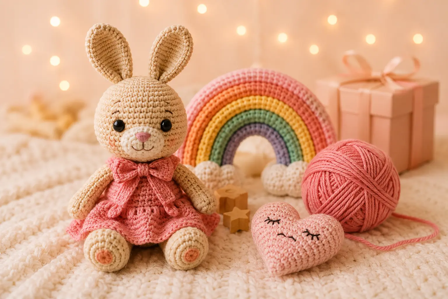 Idei de cadouri handmade pentru copii Cadou handmade pentru copii cu iepuraș croșetat, curcubeu și cutie de cadou