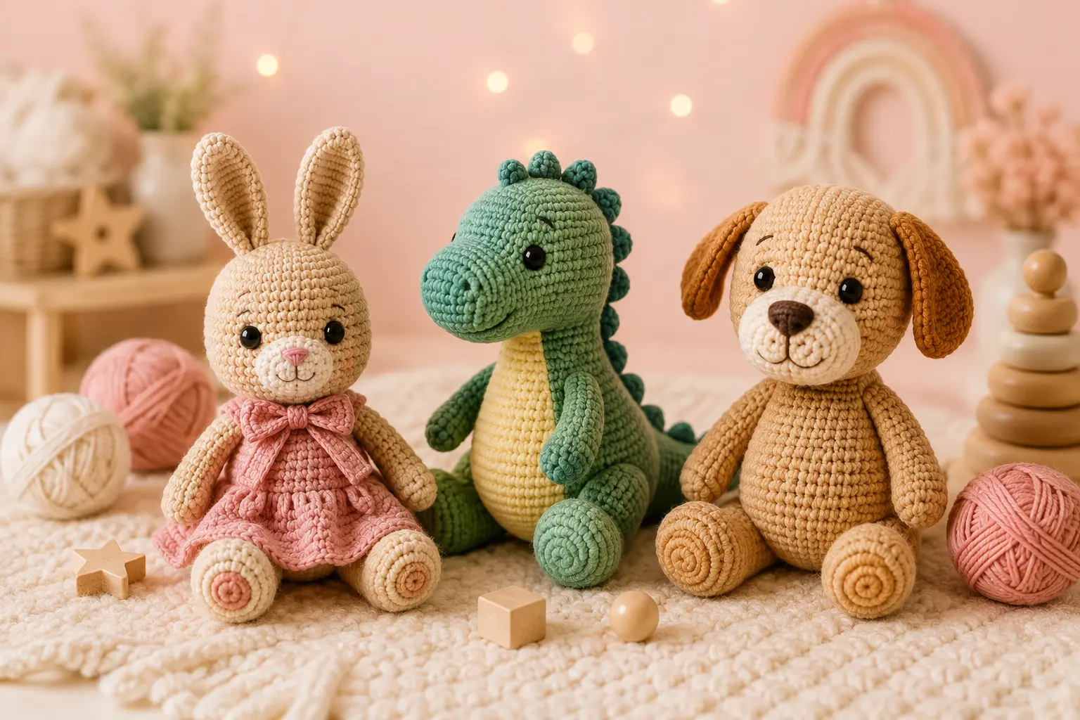 Idei de cadouri handmade pentru copii Jucării croșetate handmade: iepuraș, dinozaur și cățeluș