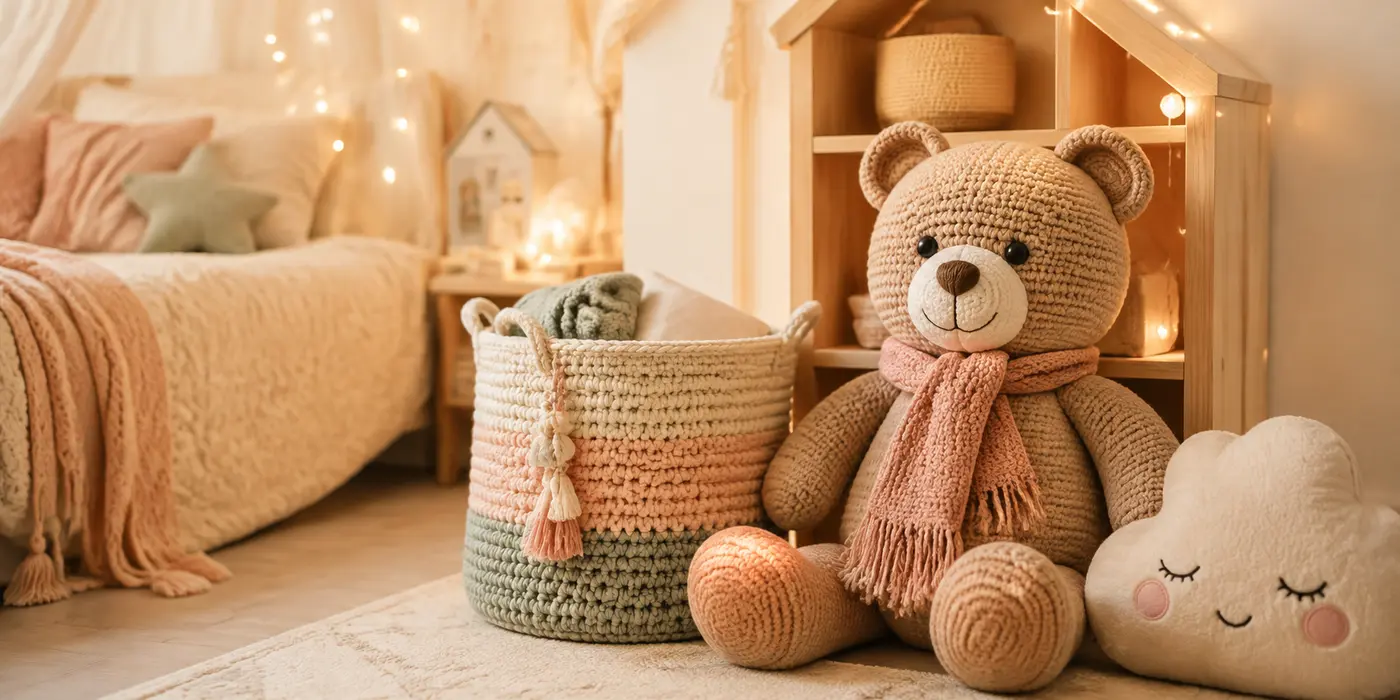 Cameră de copil cu ursuleț și coșuleț croșetat într-un decor cald