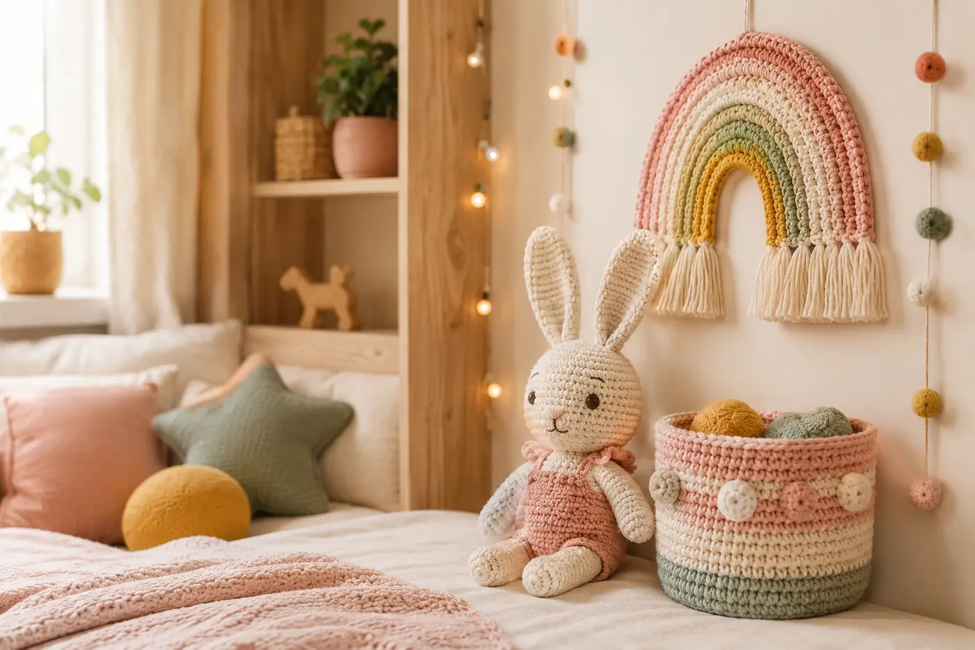 Cameră de copil decorată cu iepuraș, curcubeu și coșuleț croșetat