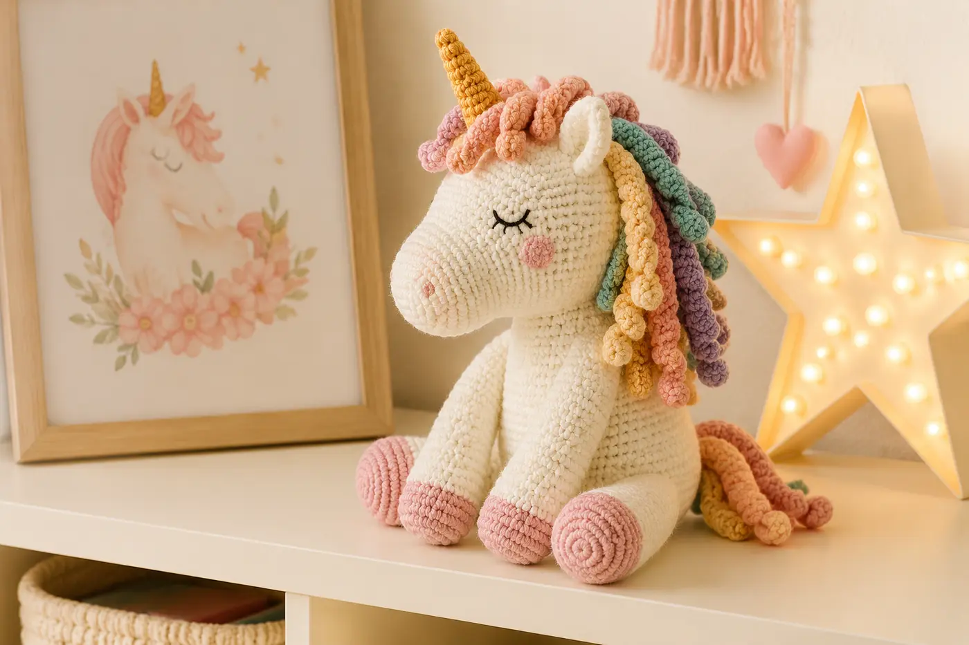 Unicorn croșetat folosit ca element decorativ într-o cameră de copil