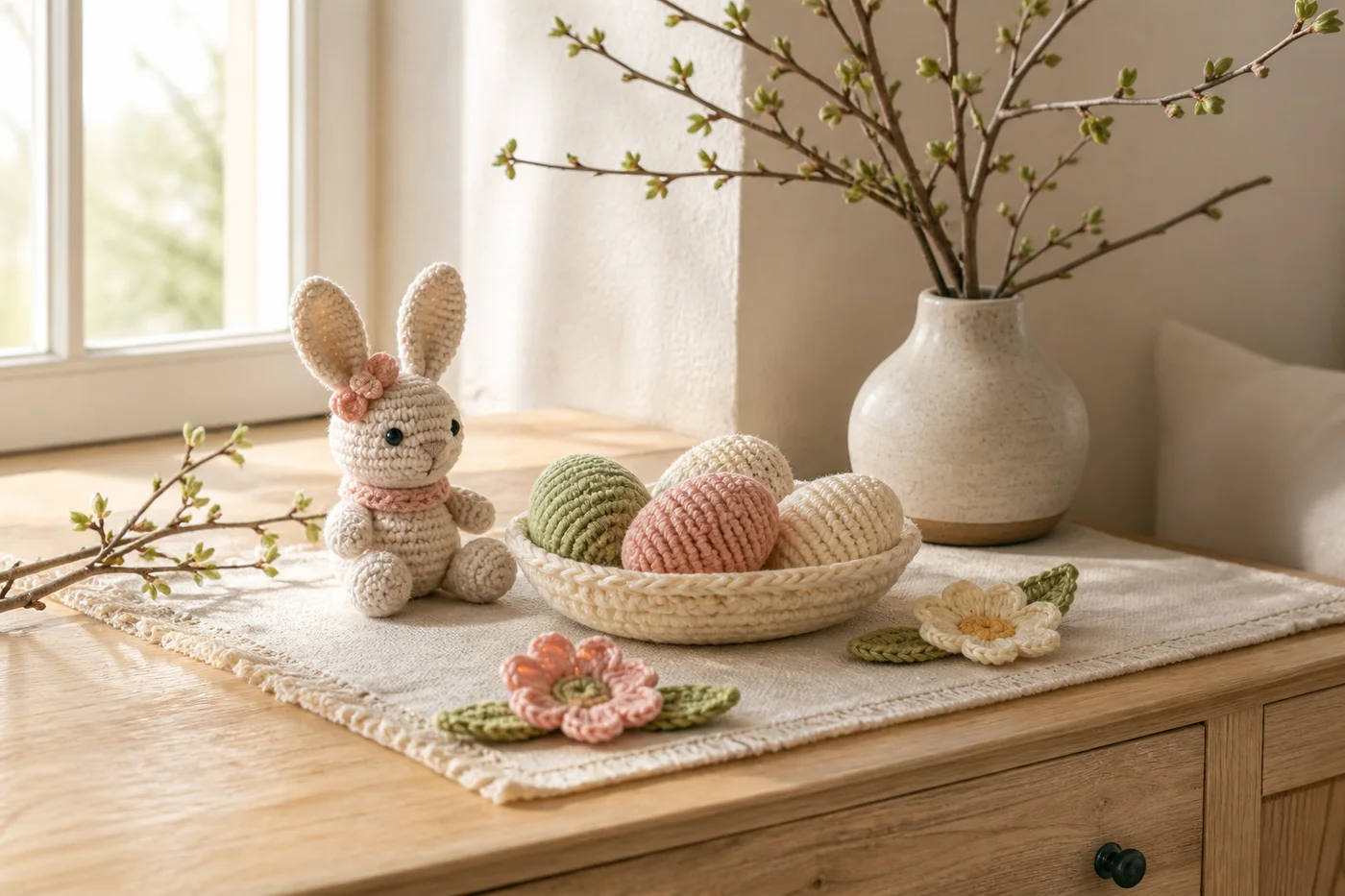 Decorațiuni croșetate de Paște într-un decor cald de primăvară